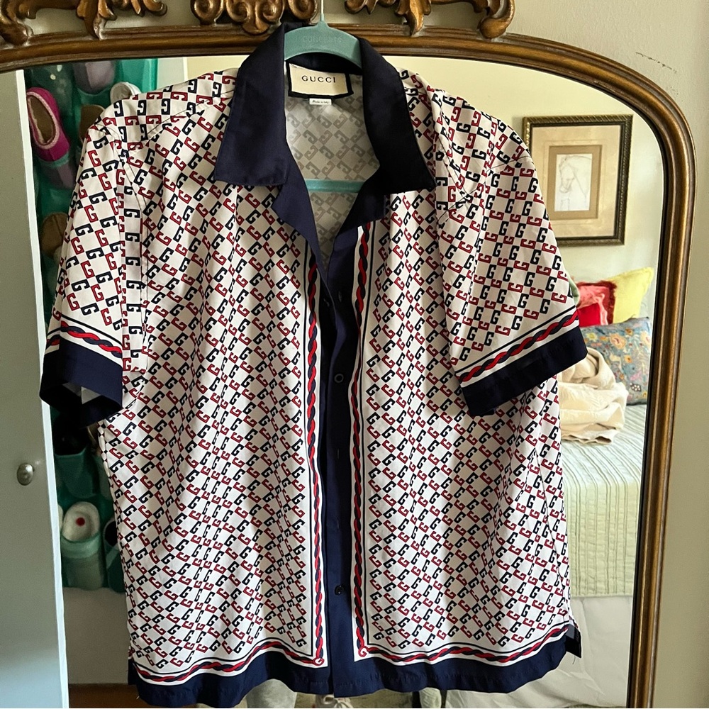Gucci Men's Patterned Shirt Jacket in Navy and White